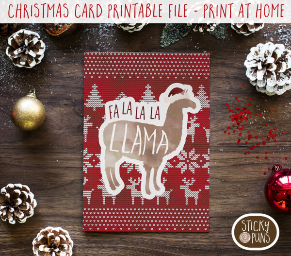 Fa La La Llama Christmas card printable with festive Santa hat design