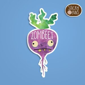 A pun sticker with the word 'ZomBEET' featuring a zombie beet. Sticker is on a blue background with a sticky puns logo in the top right corner.