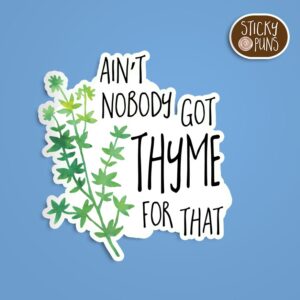 A pun sticker with the phrase 'Ain't Nobody Got THYME for That' written on a sprig of thyme. Sticker is on a blue background with a sticky puns logo in the top right corner.