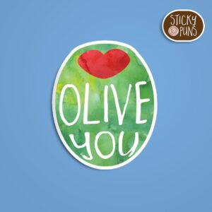 A pun sticker with the phrase 'OLIVE you' written on an olive.  Sticker is on a blue background with a sticky puns logo in the top right corner.