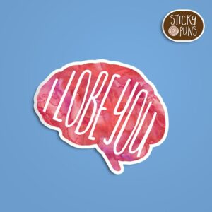 A pun sticker with the phrase 'I lobe you' written on a brain.  Sticker is on a blue background with a sticky puns logo in the top right corner.
