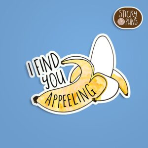 A pun sticker with the phrase 'I Find You aPEELing' written on a banana.  Sticker is on a blue background with a sticky puns logo in the top right corner.