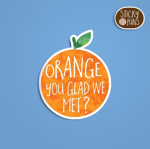 A pun sticker with the phrase 'Orange You Glad We Met?' written on an orange.  Sticker is on a blue background with a sticky puns logo in the top right corner.