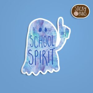 A pun sticker featuring a ghost holding a #1 foam finger with the phrase 'School SPIRIT' written on it.  Sticker is on a blue background with a sticky puns logo in the top right corner.