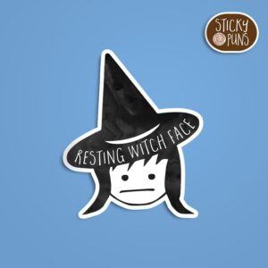 A pun sticker featuring a witch with a 'meh' expression and the phrase 'Resting WITCH face' written on it.  Sticker is on a blue background with a sticky puns logo in the top right corner.