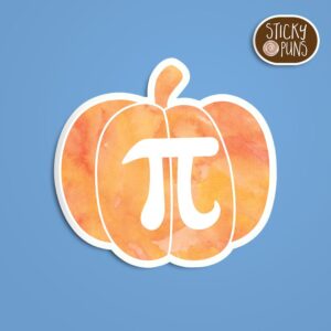 Pumpkin Pi - A pun sticker with the pi symbol on a pumpkin.  Sticker is on a blue background with a sticky puns logo in the top right corner.