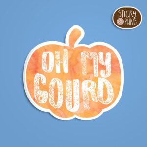 A funny pumpkin pun sticker with the phrase 'Oh my GOURD' written on a pumpkin.  Sticker is on a blue background with a sticky puns logo in the top right corner.