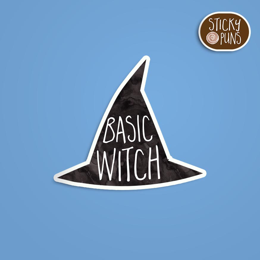 A pun sticker with the phrase 'Basic witch' written on a witch hat.  Sticker is on a blue background with a sticky puns logo in the top right corner.