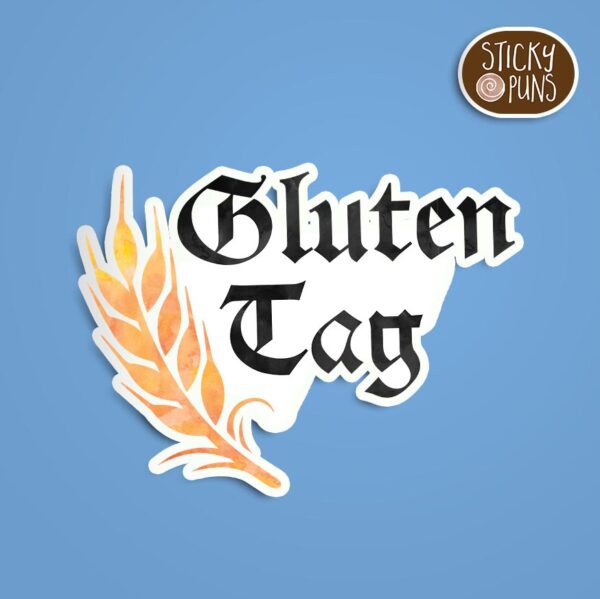 A pun sticker in homage to Oktoberfest with the phrase 'Gluten Tag' written in a German-looking font next to a piece of grain.  Sticker is on a blue background with a sticky puns logo in the top right corner.  Sticker is on a blue background with a sticky puns logo in the top right corner.