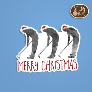 A funny Christmas pun sticker with the phrase 'Hoe hoe hoe, Merry Christmas.  Sticker is on a blue background with a sticky puns logo in the top right corner.