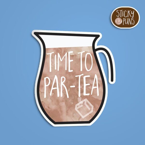 A pun sticker with the phrase 'Time to par-tea' written on a pitcher of sweet tea. Sticker is on a blue background with a sticky puns logo in the top right corner.