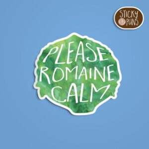 A pun sticker with the phrase 'Please romaine calm' written on a head of romaine lettuce. Sticker is on a blue background with a sticky puns logo in the top right corner.