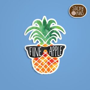 A pun sticker with the word 'Fineapple' written on a pineapple wearing sunglasses/ Sticker is on a blue background with a sticky puns logo in the top right corner.
