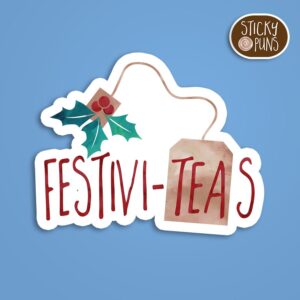 A pun sticker with the word 'Festiviteas' written on a tea bag adorned with a mistletoe graphic. Sticker is on a blue background with a sticky puns logo in the top right corner.