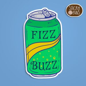 A humorous programming pun sticker featuring a soda can labeled 'Fizz Buzz. Sticker is on a blue background with a sticky puns logo in the top right corner.