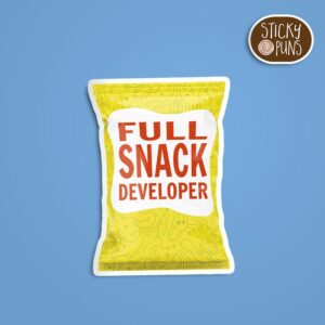 A humorous software developer pun sticker featuring a bag of chips with the text 'Full Snack Developer. Sticker is on a blue background with a sticky puns logo in the top right corner.