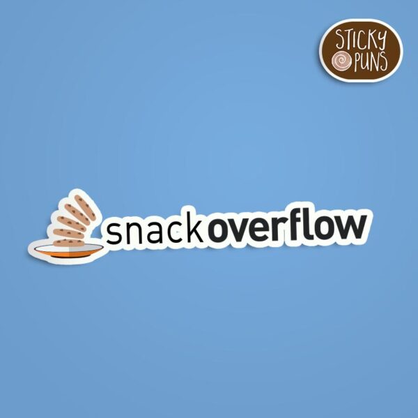 A coding pun sticker with a playful take on 'Snack Overflow,' featuring a plate of cookies in place of the logo. Sticker is on a blue background with a sticky puns logo in the top right corner.