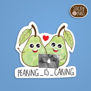 A pun-filled pair programming sticker with two cute pears sharing a computer that says "pearing is caring" under it. Sticker is on a blue background with a sticky puns logo in the top right corner.
