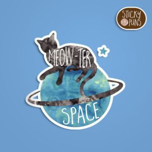 A pun sticker with the phrase 'MEOWter Space' featuring a cat in space. Sticker is on a blue background with a sticky puns logo in the top right corner.