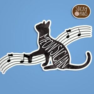 A pun sticker with the word 'MEOWsician' and a musical cat. Sticker is on a blue background with a sticky puns logo in the top right corner.