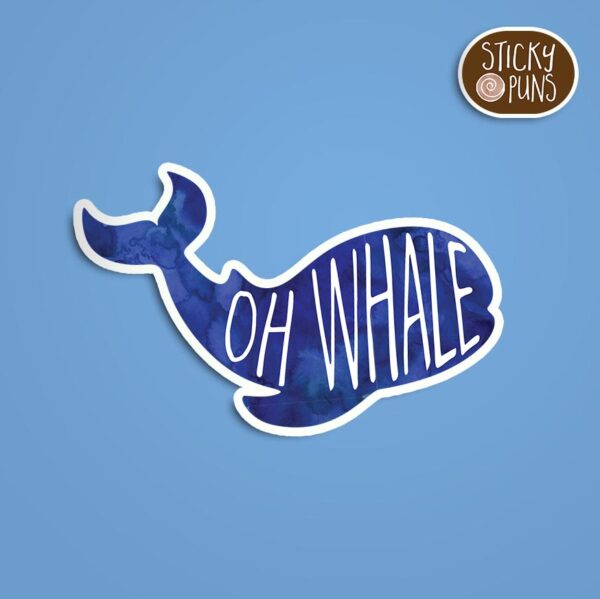 Whale gift Oh Whale sticker with blue whale silhouette and playful text inside the whale shape