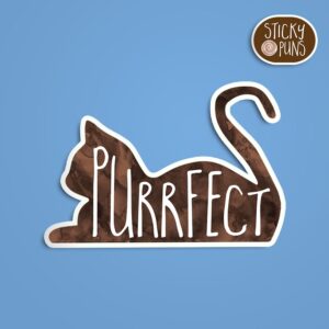 A pun sticker with the word 'PURRfect' and a cute cat. Sticker is on a blue background with a sticky puns logo in the top right corner.