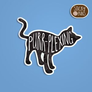 A pun sticker with the word 'PURRplexing' and a cute cat. Sticker is on a blue background with a sticky puns logo in the top right corner.