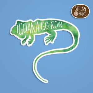 Iguana Go Now sticker - Best gifts for introverts, featuring a green iguana with playful text in bold, quirky font