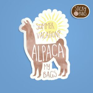 A pun sticker with the phrase 'summer vacation? alpaca my bags' featuring an alpaca. Sticker is on a blue background with a sticky puns logo in the top right corner.