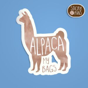 A pun sticker with the phrase 'alpaca my bags' featuring an alpaca. Sticker is on a blue background with a sticky puns logo in the top right corner.