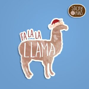 A pun sticker with the phrase 'fa la la llama' featuring a llama wearing a christmas hat.  Sticker is on a blue background with a sticky puns logo in the top right corner.