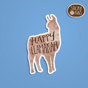 A pun sticker with the phrase 'Happy LLamakah' featuring a llama celebrating Hanukkah. Sticker is on a blue background with a sticky puns logo in the top right corner.