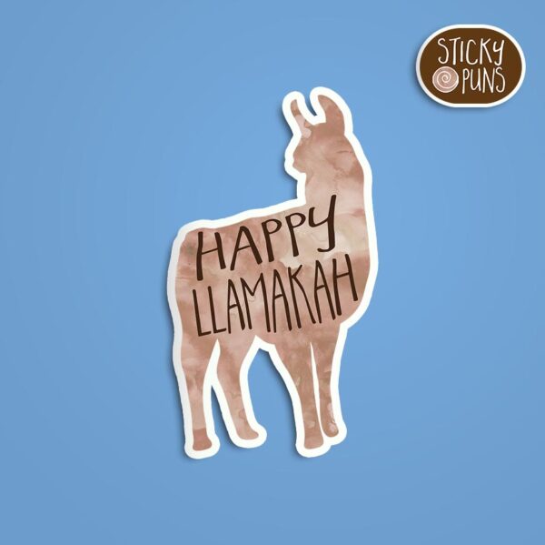 A pun sticker with the phrase 'Happy LLamakah' featuring a llama celebrating Hanukkah. Sticker is on a blue background with a sticky puns logo in the top right corner.