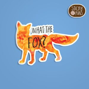 A pun sticker with the phrase 'what the fox.' Sticker is on a blue background with a sticky puns logo in the top right corner.