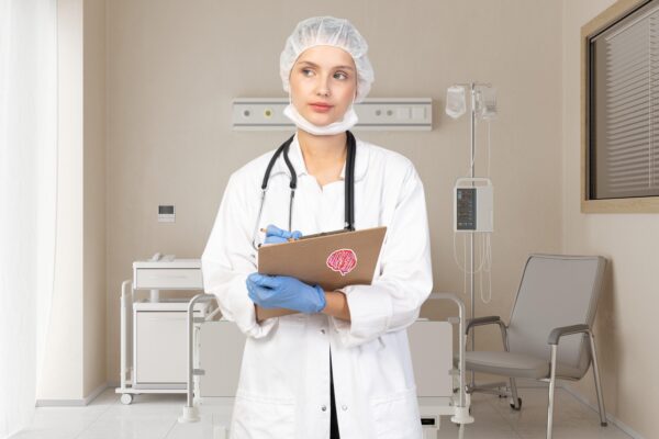 doctor or nurse holding a clipboard with an I lobe you sticker on it