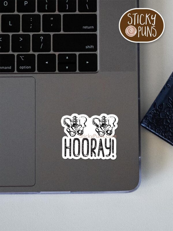 hip hip hooray pun sticker shown stuck on a laptop