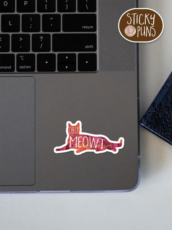 Check MEOWt pun sticker shown stuck on a laptop