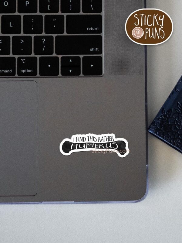 I find this rather humerus pun sticker shown stuck on a laptop