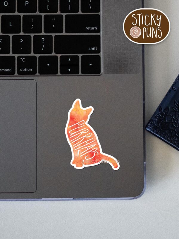 PURRhaps pun sticker shown stuck on a laptop