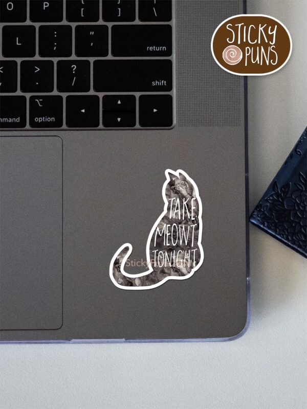 Take MEOWT tonight - cute cat pun sticker shown stuck on a laptop