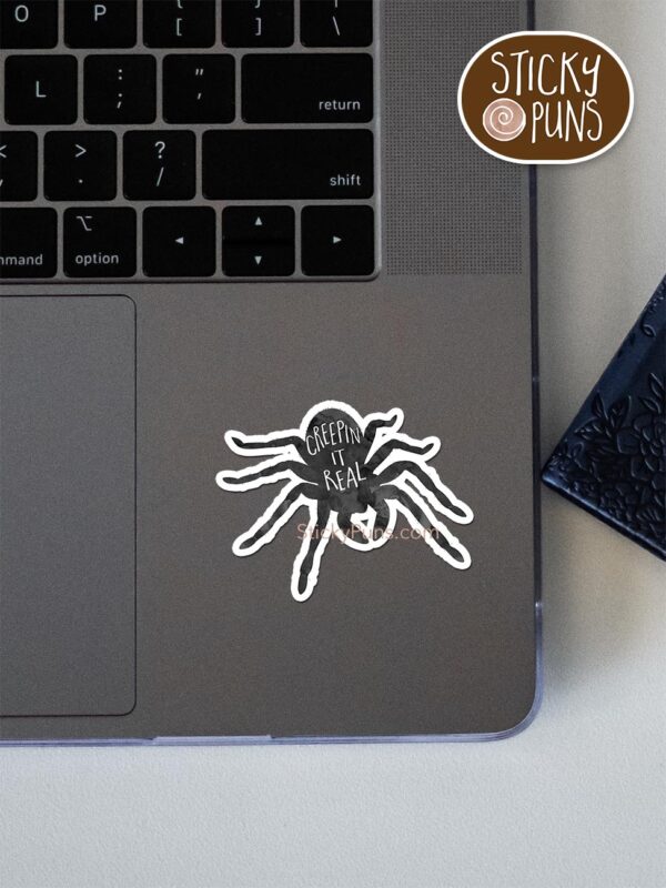 sticky puns stickers laptop.jpgsticky puns stickers sticker stack.jpg sticky puns stickers.jpgsticky puns stickers laptop.jpgsticky puns stickers sticker stack.jpg CREEPIN it real spider pun sticker shown stuck on a laptop