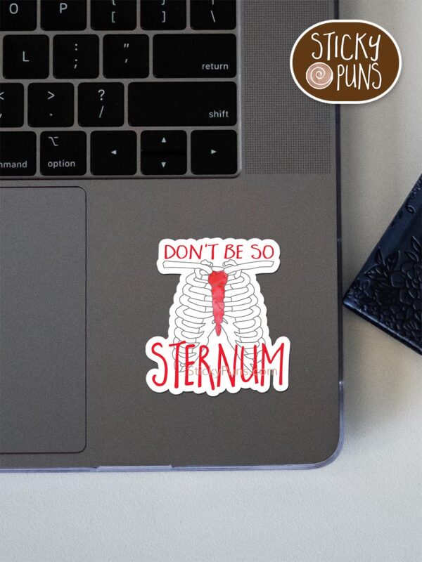 Don't be so STERNUM pun sticker shown stuck on a laptop