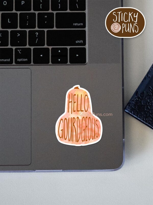 Hello GOURDgeous pun sticker shown stuck on a laptop