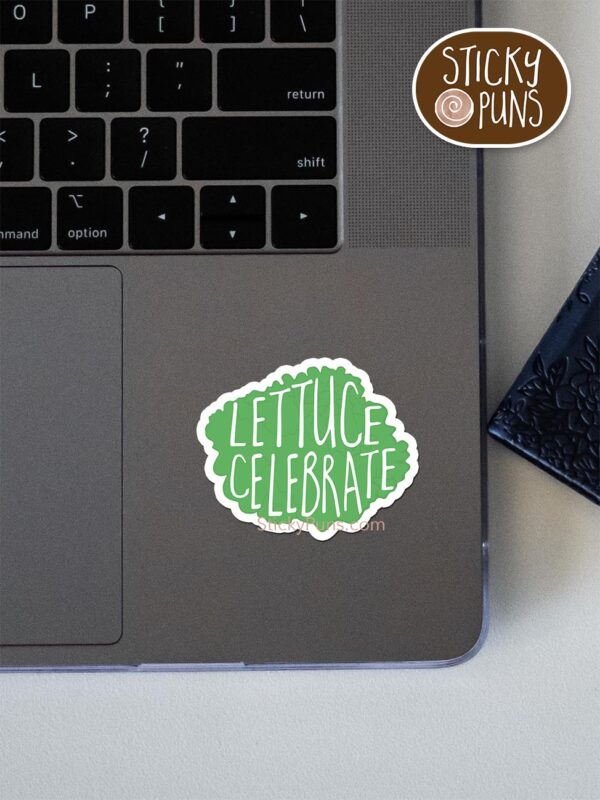 lettuce celebrate pun sticker shown stuck on a laptop