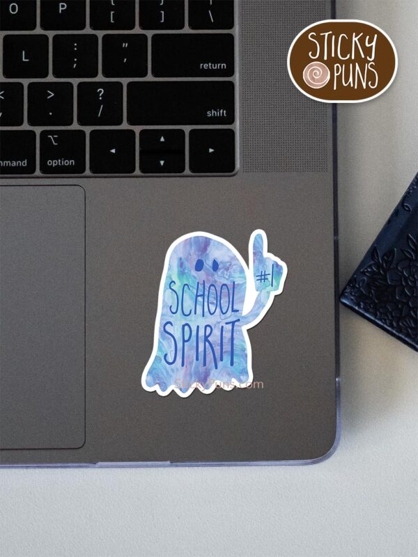 School SPIRIT pun sticker shown stuck on a laptop