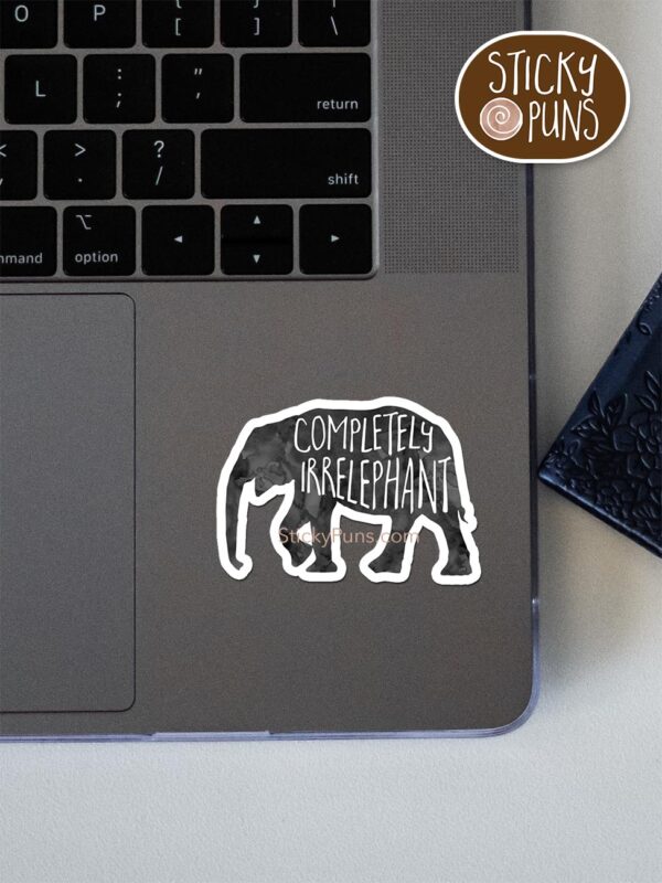 IrrELEPHANT pun sticker shown stuck on a laptop