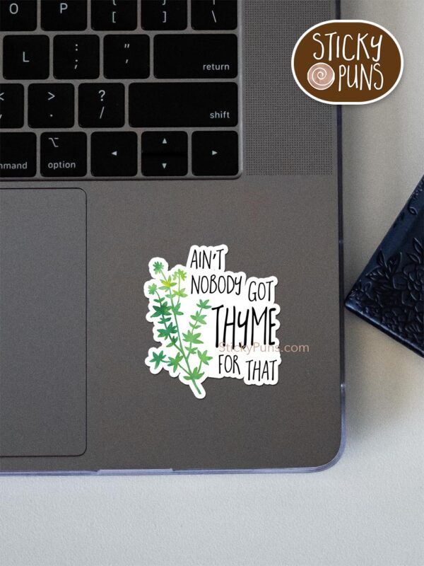 Ain't Nobody Got THYME for That pun sticker shown stuck on a laptop