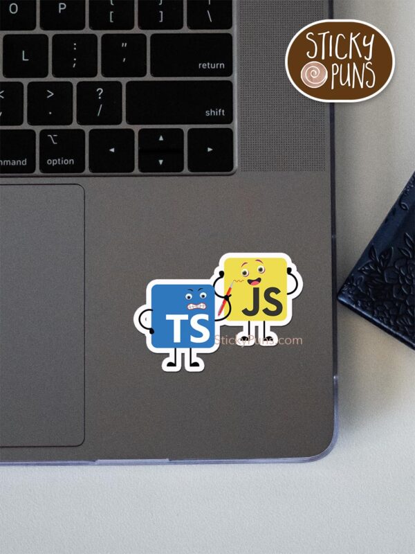 Typescript drawing squiggles on Javascript front end programming pun sticker shown stuck on a laptop