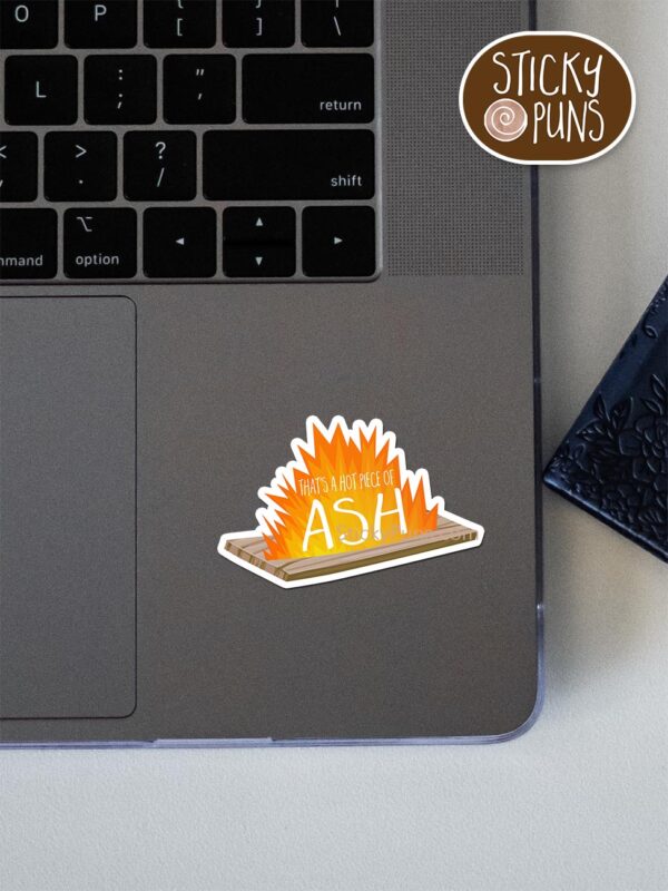 That's a hot piece of ASH pun sticker shown stuck on a laptop