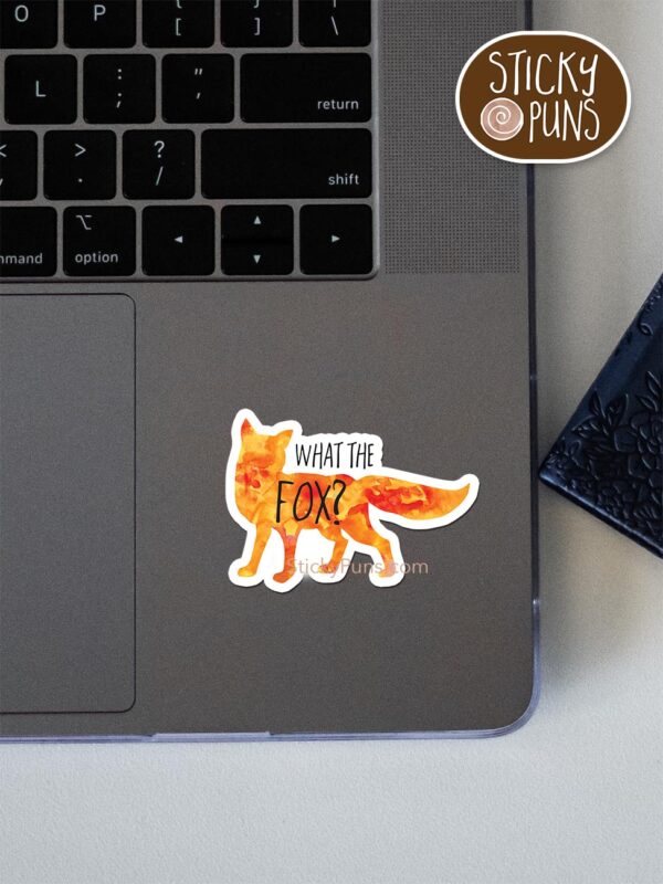 what the fox pun sticker shown stuck on a laptop